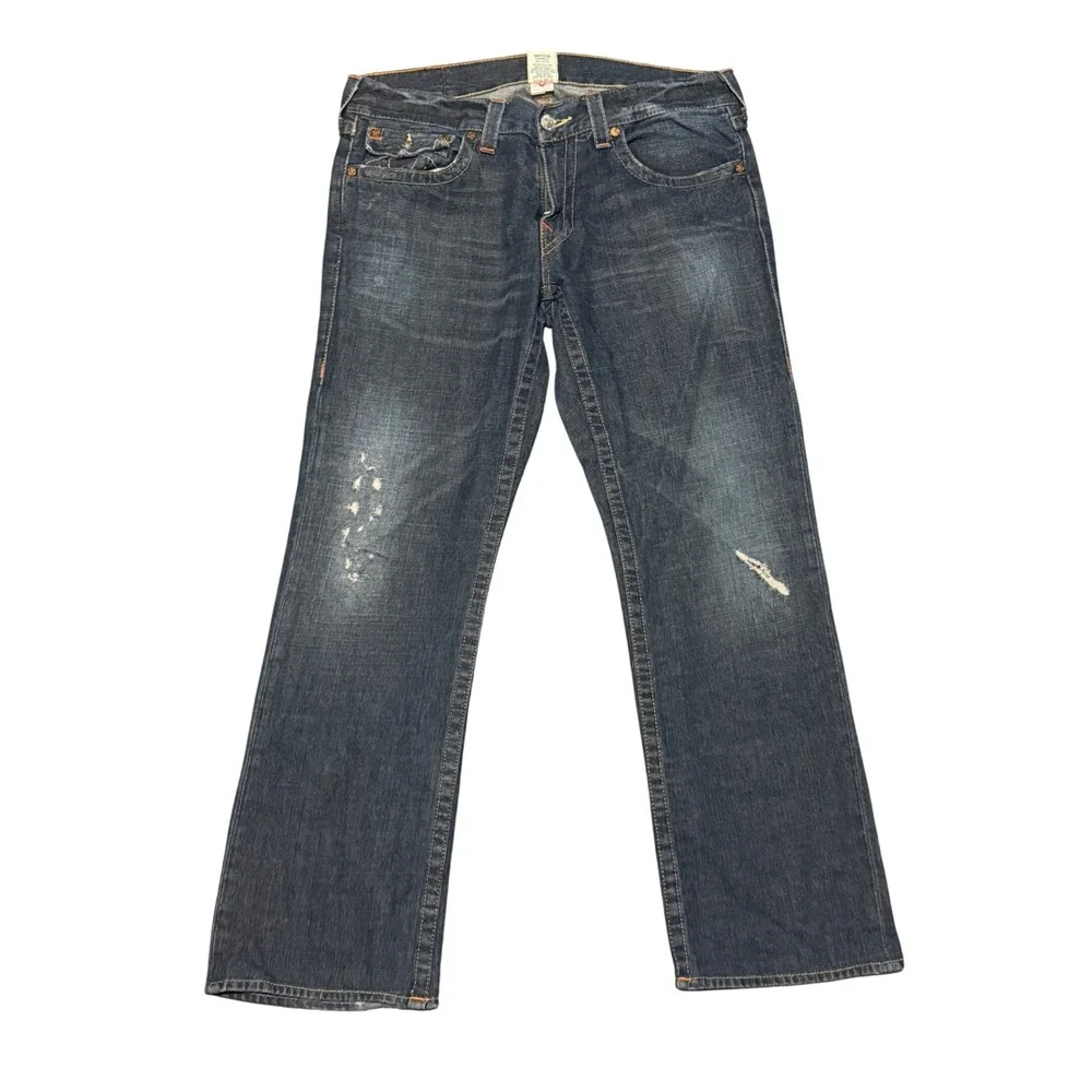 True Religion Ricky Straight Leg Jeans Mens 34 Dark Wash Distressed USA Made